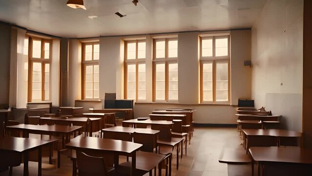 Classroom Filled With Wooden Desks Generative AI