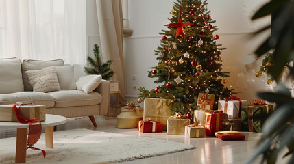 Fototapeta na wymiar christmas tree with presentsin living room
