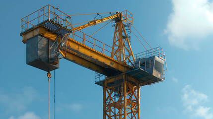  Yellow Crane at Construction Site, building site on blue sky background