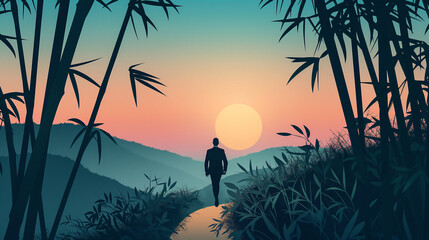 A man in suit walks along the path under Sakura tree narrow in Sunset and teal colors, flat design illustration with pastel color palette
