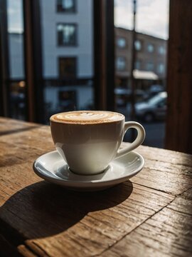  cup of coffee with latte art on top sitting in wooden tabble next to a cafe window