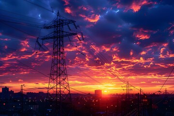 Silhouetted high-voltage electric tower stands against a vibrant,dramatic sunset sky with bold colors and atmospheric lighting,creating a striking
