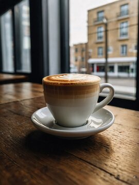  cup of coffee with latte art on top sitting in wooden tabble next to a cafe window