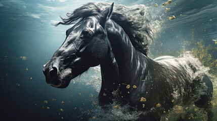 generated illustration of black horse  horse swimming underwater view