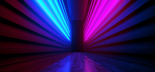 Neon Glowing Vibrant Sci Fi Futuristic Corridor Tunnel Purple Blue Pink Virtual Reality Dark Huge Hallway Entrance Concrete Grunge Reflection Spaceship 3D Rendering