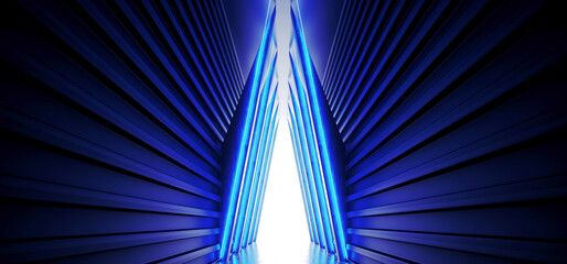 Cyber Alien Neon Sci Fi Blue Triangle Shaped Spaceship Concrete Grunge Tunnel Corridor Hallway Entrance Path Dark Glow Blue Laser Led 3D Rendering