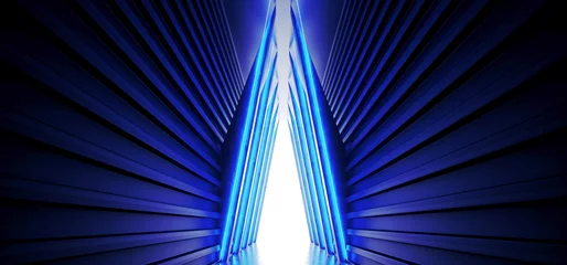 Cyber Alien Neon Sci Fi Blue Triangle Shaped Spaceship Concrete Grunge Tunnel Corridor Hallway Entrance Path Dark Glow Blue Laser Led 3D Rendering © IM_VISUALS