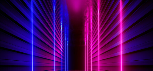 Laser Show Stage Neon Retro Modern Sci Fi Futuristic Cyber Future Concrete Corridor Triangle Shape Dark Empty Showcase Studio Room Garage Hallway Portal 3D Rendering
