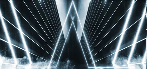 Sci Fi Triangle Smoke Futuristic Neon Laser Spaceship Future Dark Corridor Glowing White Concrete Grunge Hallway Reality Fluorescent Space Underground 3D Rendering © IM_VISUALS