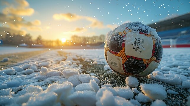 soccer ball in the snow in an empty stadium  sports winter break  season pause or end  copy space  generative ai