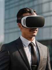 man in formal black suit wearing virtual reality device outdoor demonstrating new product 