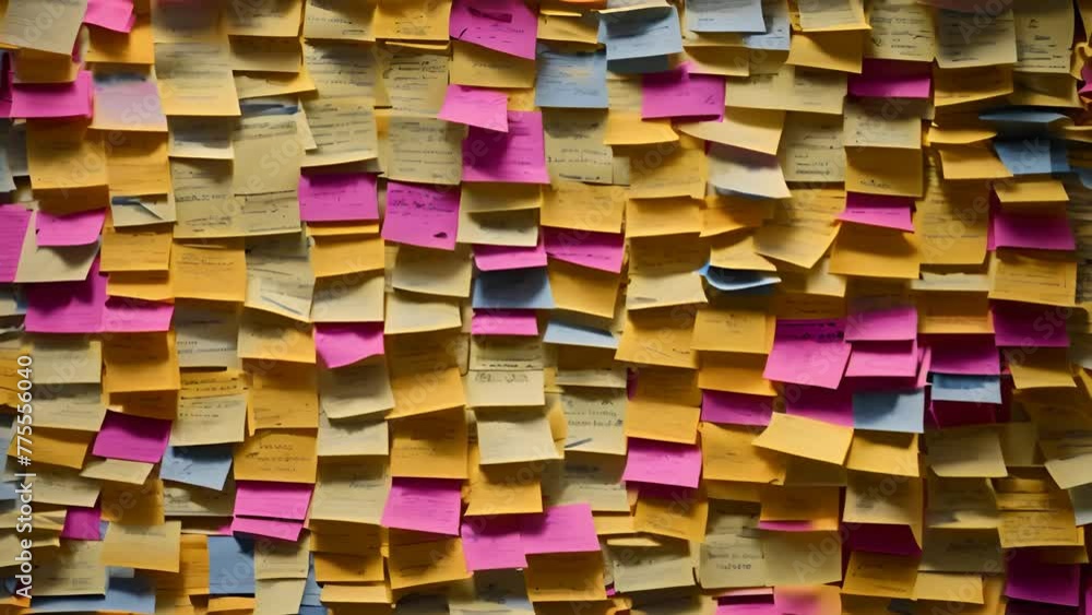 Poster wall covered in colorful post it notes generative ai