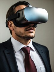 man in formal black suit wearing virtual reality device  demonstrating new product 
