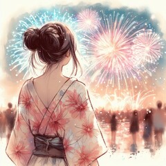 Japanese woman in Summer fireworks with Generative AI.