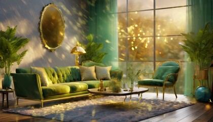 Green sofa and decor in living room on transparent background.3d rendering, Ai Generate 