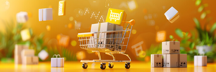 shopping cart in the supermarket,Shopping Cart Overflowing with Golden Gift Boxes on a Solid Orange Background,A yellow supermarket trolley stands out against a vibrant blue background 