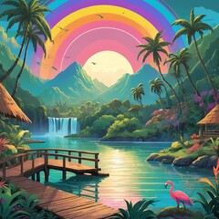 Marine landscape in cartoon style with sunset