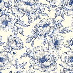 seamless decorative peony flowers line drawing pattern