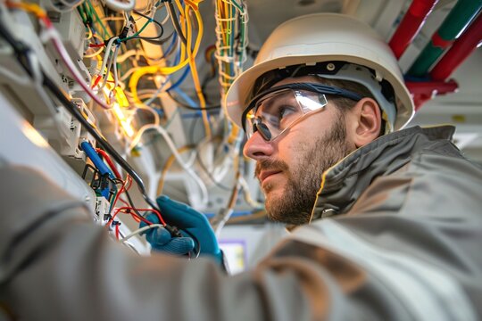 A professional Caucasian electrician meticulously working on the electrical wiring system installation in the ceiling of a new residential house, emphasizing safety and expertise