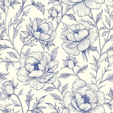 seamless decorative peony flowers line drawing pattern