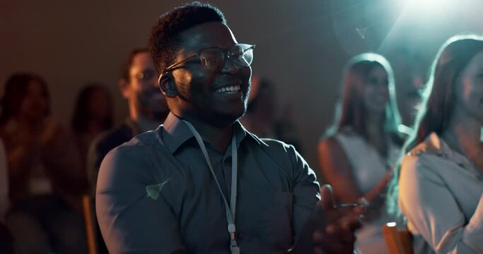 Man, applause and audience celebration for presentation as group for event support at seminar, crowd or tradeshow. Black person, clapping and community cheer or team conference, employee or workshop