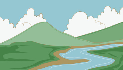 Background with a theme of green mountains and blue sky. Perfect for wallpapers, storybook covers, children's books