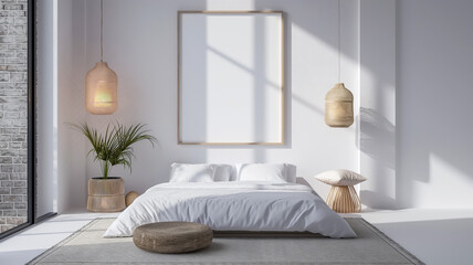 Fototapeta na wymiar Sleek bedroom with warm pendant lights and botanical accent.