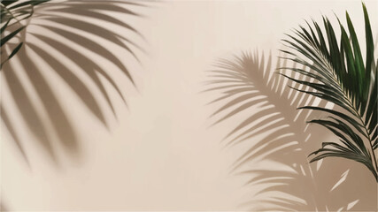 Fototapeta na wymiar Blurred shadow from palm leaves on the light cream wall. Minimalistic beautiful summer-spring background for product presentation. palm tree leaves. Set of shadow background overlays. Realistic Shadow
