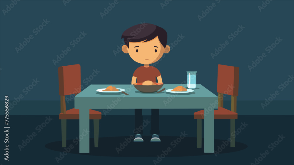 Poster a picture of a child sitting at an empty dinner table with no one around conveying the lack of famil