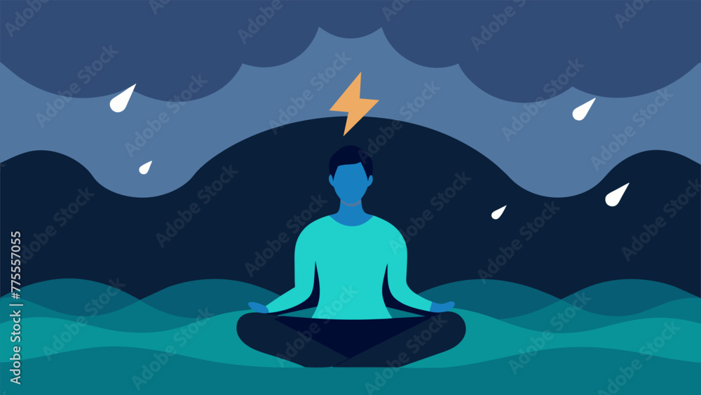 Poster an image of a person meditating in front of a stormy ocean symbolizing the use of mindfulness techni