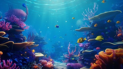 Underwater nature reef fish swim in blue tropical water 