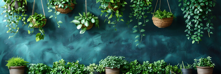 Various plants on pots and vines on the wall, decorative plants, decorative floral, go green environ,
Plants in hanging pots against a dark green back
