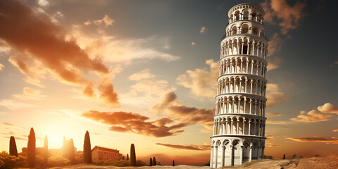 Leaning Tower of Pisa building picture in Italy historical sites architectural wonders sunset sky background
 - obrazy, fototapety, plakaty