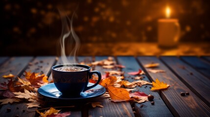 Hot drink on a wooden table autumn night coffee cup