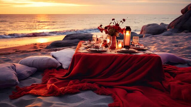 A table with food, drinks, candles and flowers on the beach in the evening, romantic atmosphere
