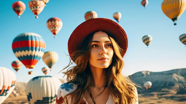 An attractive young woman in front of an air balloons show