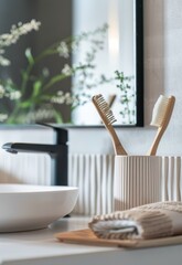Fototapeta na wymiar Sustainable Bamboo Toothbrushes on Wooden Tray in Modern Bathroom Setting