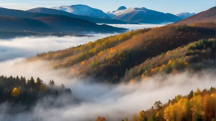 Autumn fog fills the valley between the peaks and the forest in the highlands.