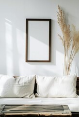 Vintage Wooden Picture Frame Above Cozy White Sofa in Contemporary Living Room