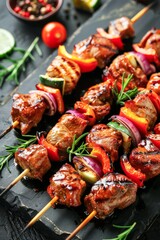 Grilled Beef Skewers With Colorful Bell Peppers and Onions on Slate Platter
