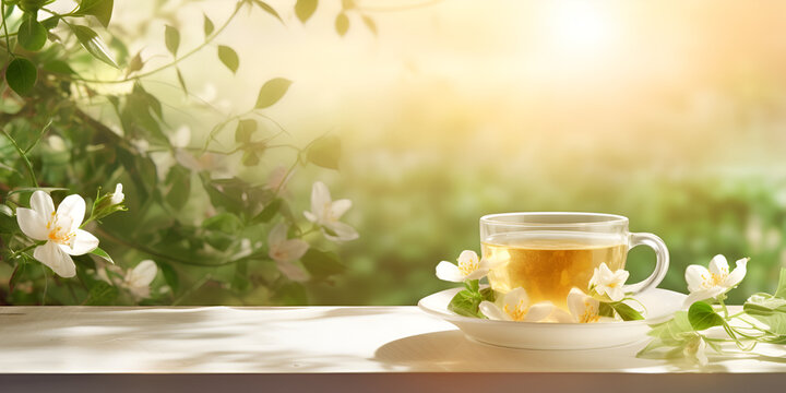 Teapot and cup of herbal tea with fresh mint flowers natural calming refreshment on sunlight background

