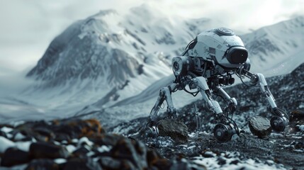 A robotic figure navigating the rugged outdoor landscape, showcasing advanced technology and exploration concepts - obrazy, fototapety, plakaty