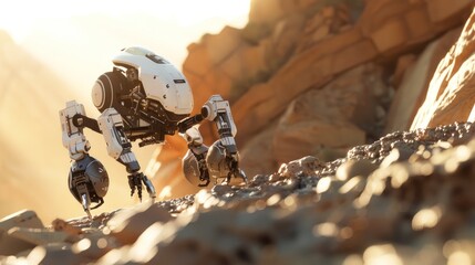 A robotic figure navigating the rugged outdoor landscape, showcasing advanced technology and exploration concepts