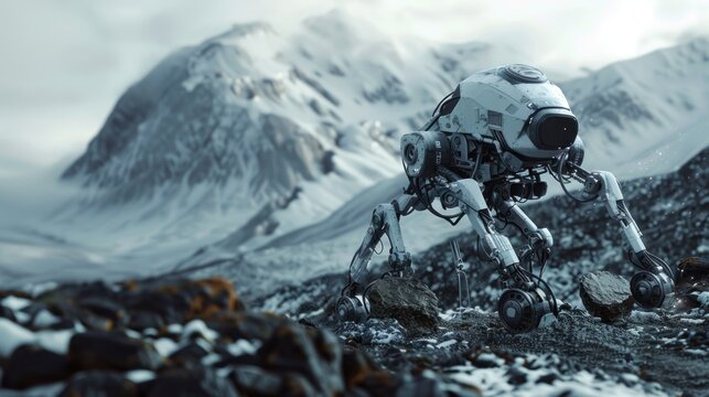 A robotic figure navigating the rugged outdoor landscape, showcasing advanced technology and exploration concepts