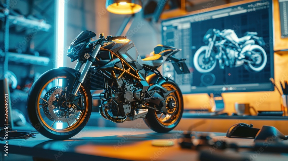 Poster chief mechanical engineer computer display station showing a 3d big bike model.