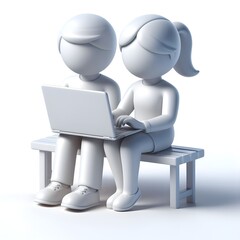3d humans working using laptop, white solid background