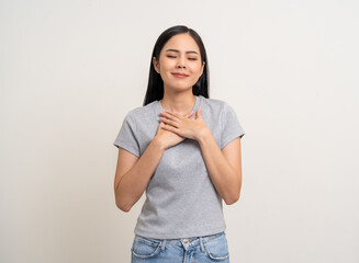 Good smell perfume. Asian woman enjoying pleasant good smell.  Calm Female taking deep breath fresh...