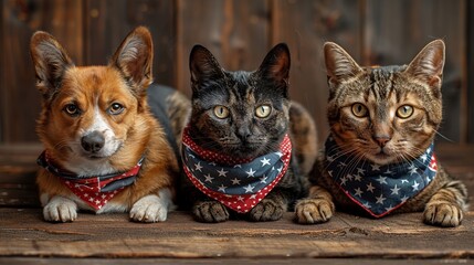 Adorable Pets, dogs and cats wear 4th of July National Day bandanas, embodying the spirit of American unity and pride no grunge, no splash, no dust, high resolution, clean sharp focus