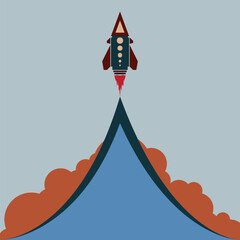 Colored art cartoon rocket jet in blue sky