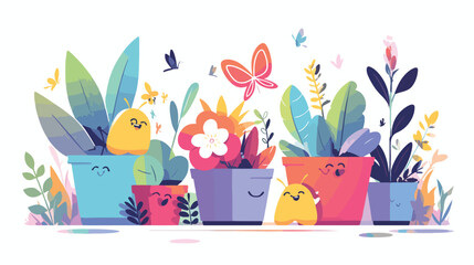 Illustration of flower pot and insects on white 2d